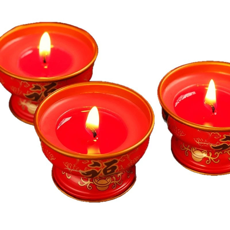 节庆用品红色长明蜡烛福旺酥油灯小香烛新款铁壳家用无烟长明灯好
