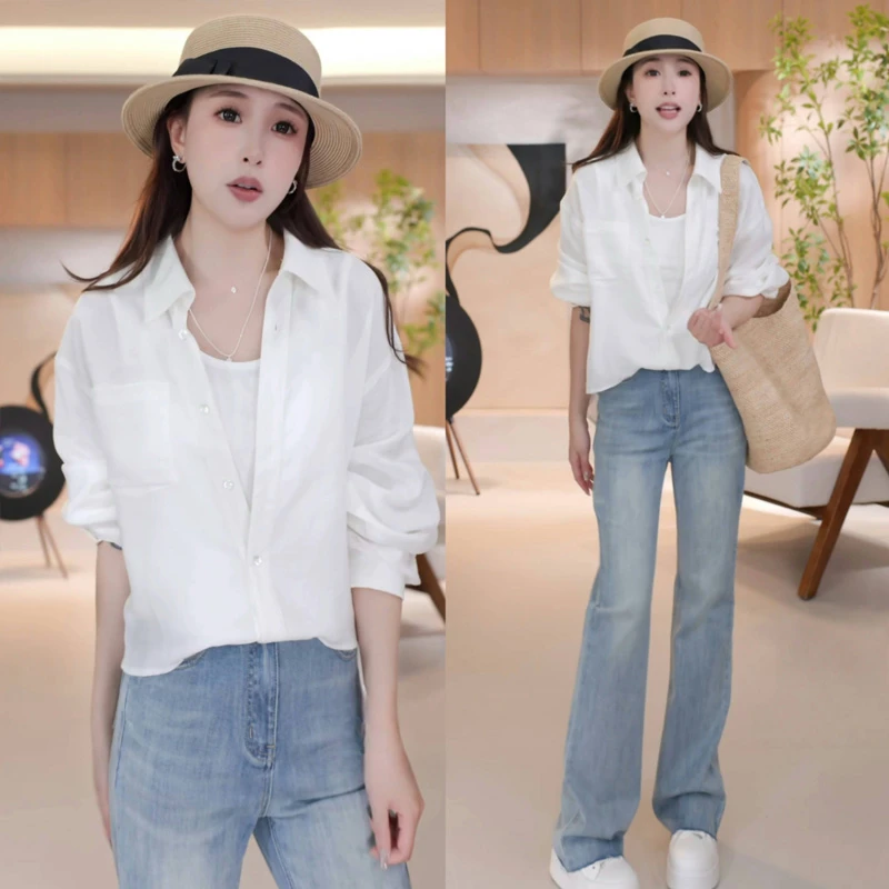 韩系氛围感穿搭春季新款气质显瘦时尚假两件衬衫高腰牛仔裤两件套