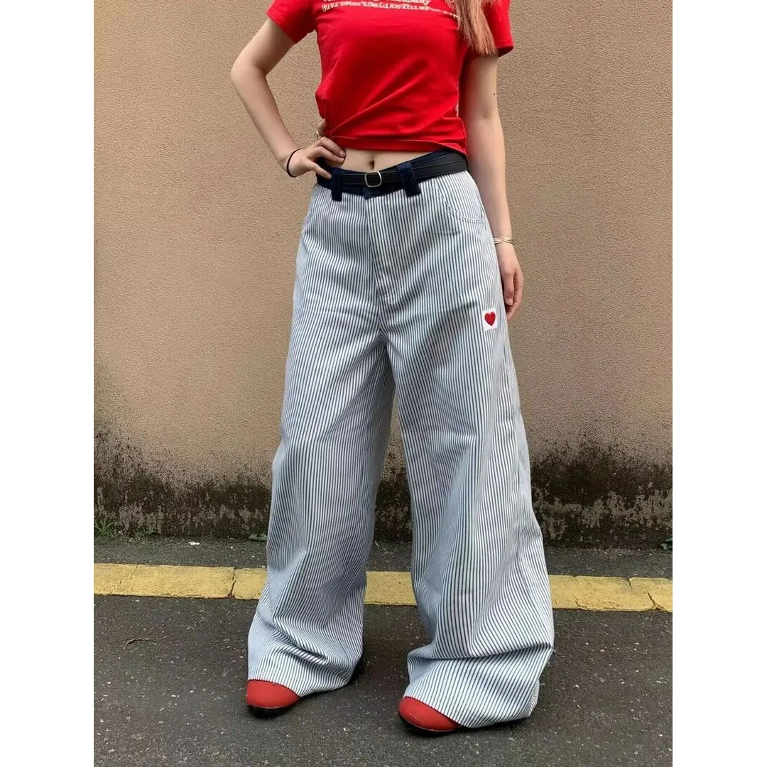 美式慵懒风休闲条纹长裤男女夏季百搭宽松阔腿直筒拖地休闲裤潮牌