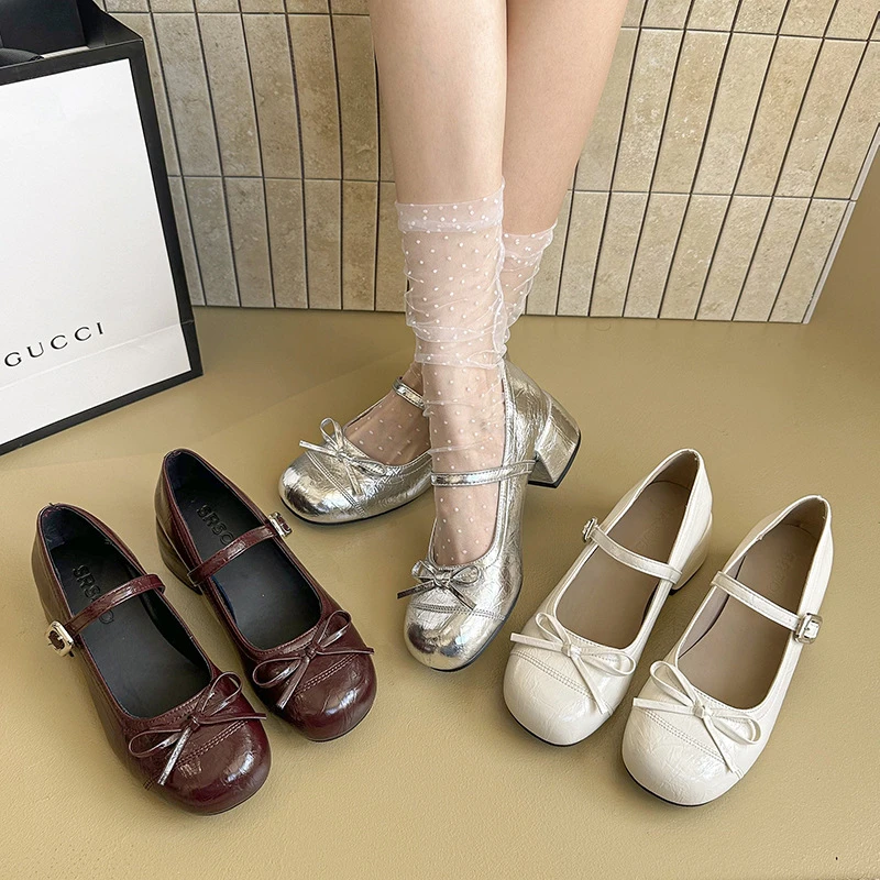 法式圆头蝴蝶结平底单鞋女2025夏季新款百搭小皮鞋浅口玛丽珍配裙