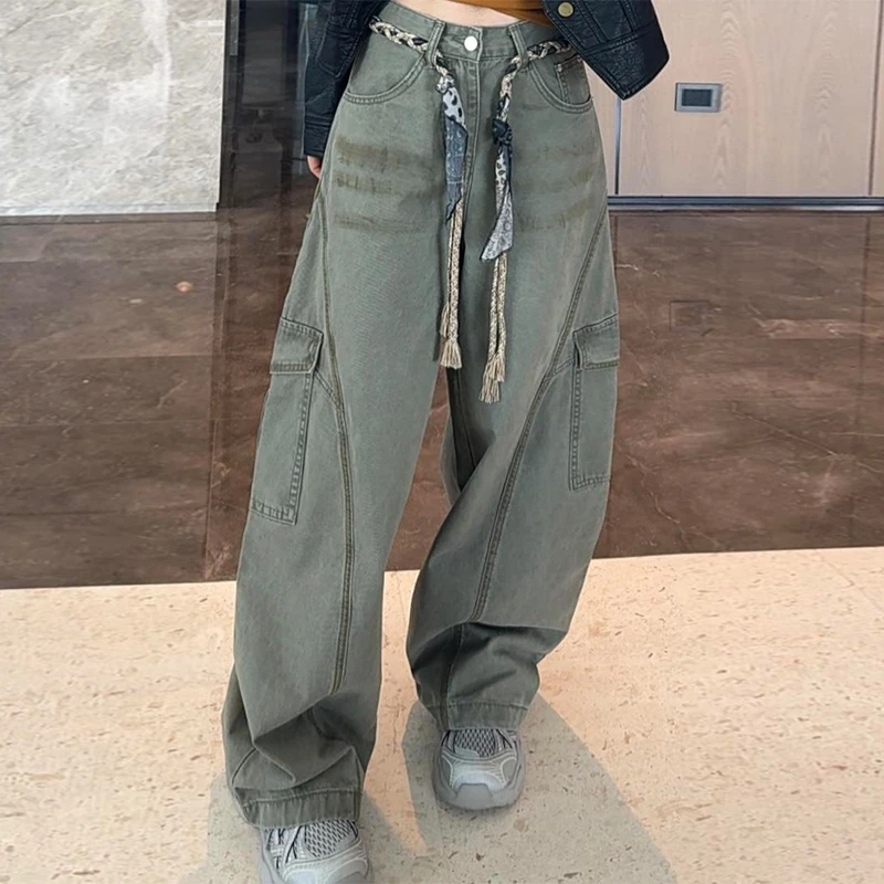 美式复古灰色工装弯刀裤女2025秋季新款高街宽松显瘦直筒阔腿裤子