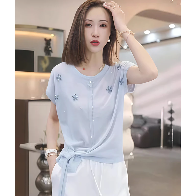 多巴胺韩系重工萤星点女短袖冰丝针织衫夏季绑带设计收腰显瘦上衣