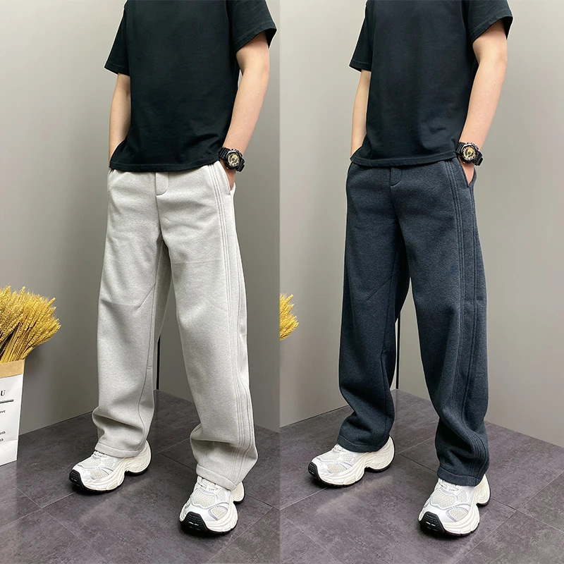 2025年冬季加绒加厚潮牌韩版痞帅高街纯色阔腿宽松直筒运动卫裤男