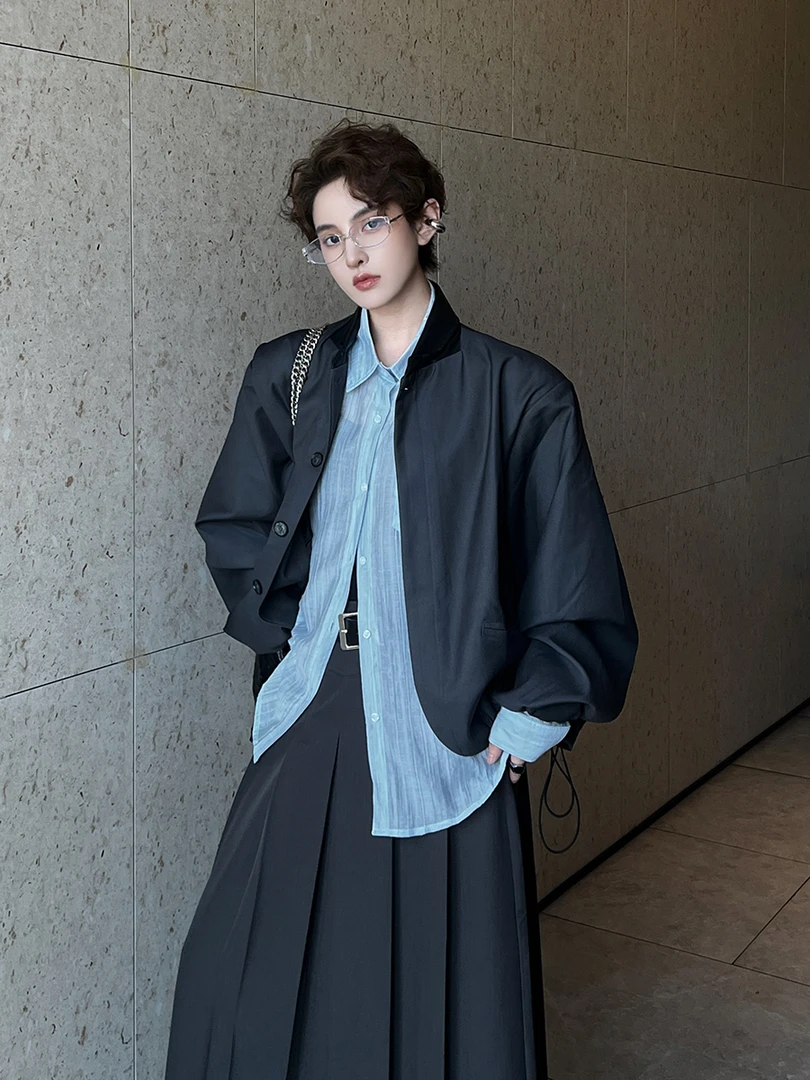 DANA简约松弛感抽绳拼皮西装廓形纽扣宽松长袖百搭高级西服上衣潮