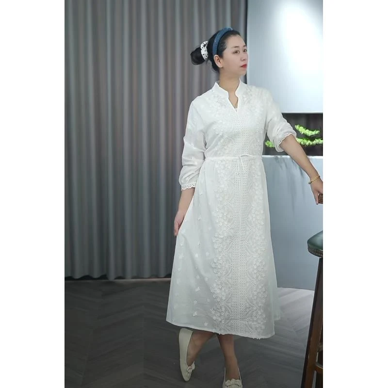 【裙长110】初恋白色重工春夏季纯棉刺绣度假连衣裙457