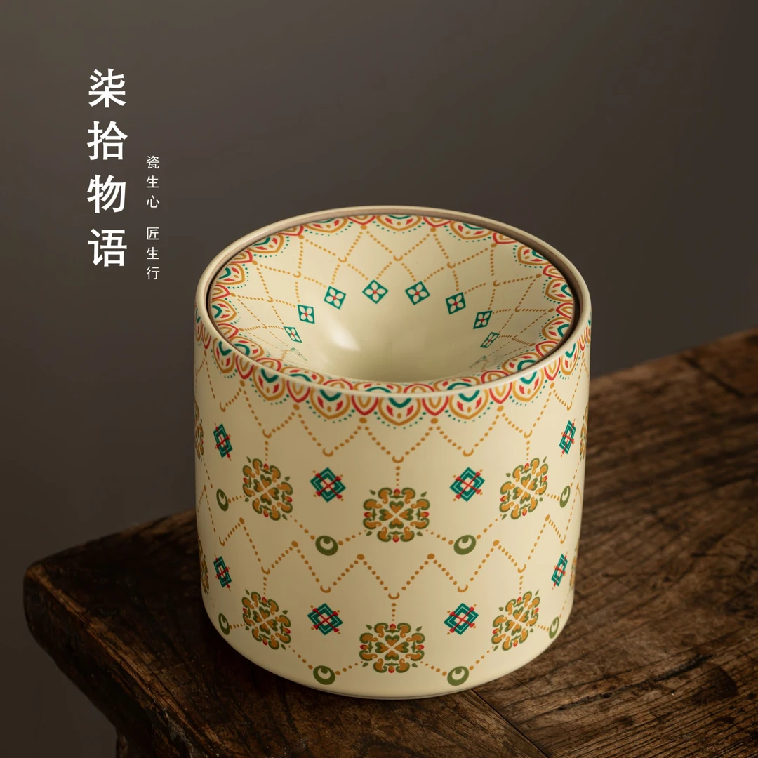 国潮陶瓷漏斗烟灰缸带盖茶渣缸水盂茶洗缸防飞灰家用客厅桌面杯洗