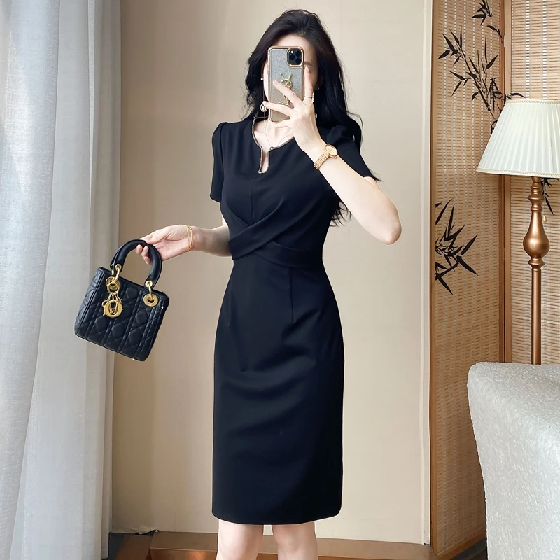 小个子连衣裙女夏季2025新款职业时尚气质短袖修身显瘦黑色包臀裙