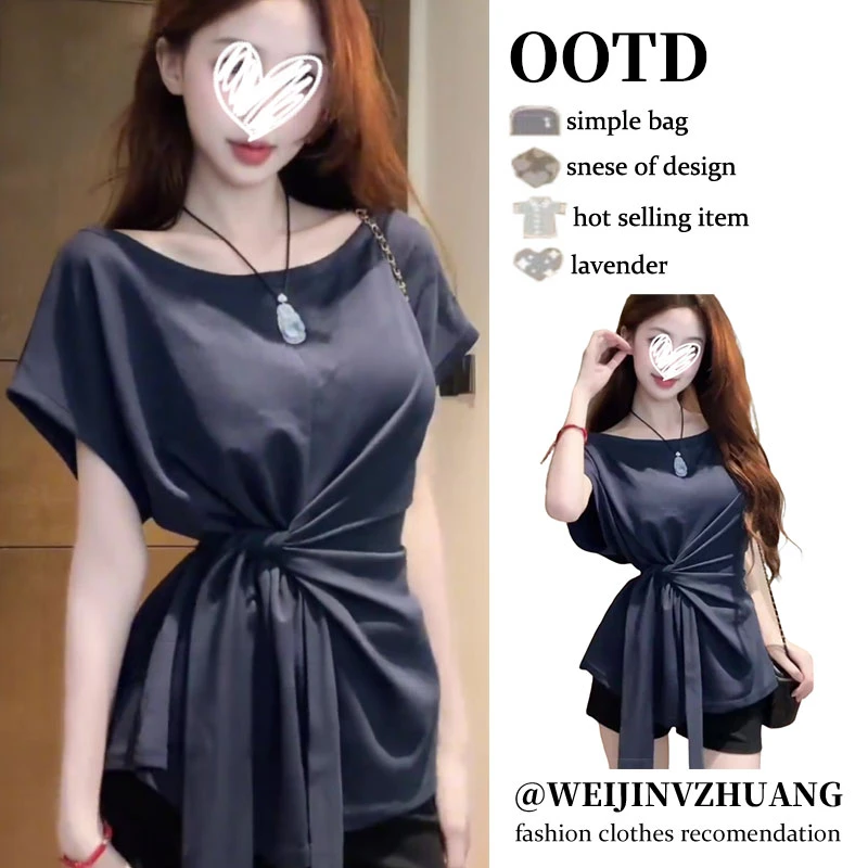 韩版设计感修身显瘦收腰绑带短袖t恤女款2025新款爆款别致上衣潮