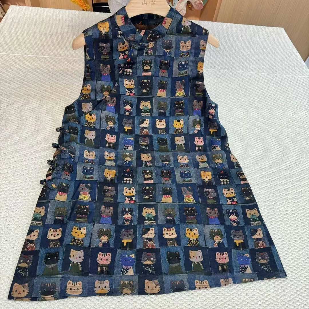 山.尔【蓝猫】100桑蚕丝香云纱无袖上衣