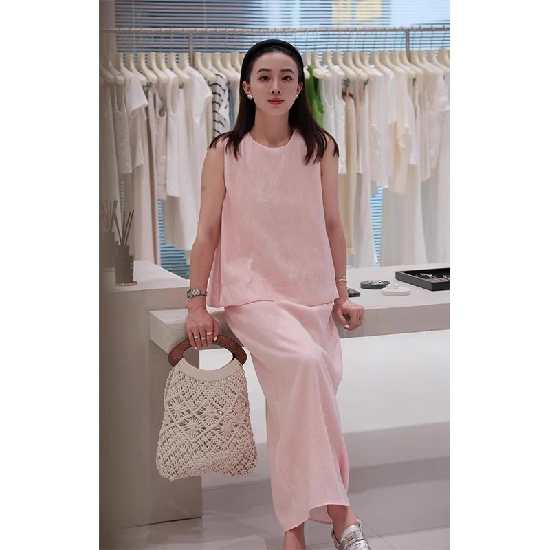 无袖马甲背心法式亚麻粉色衬衫套装女夏季高端轻奢气质半裙两件套