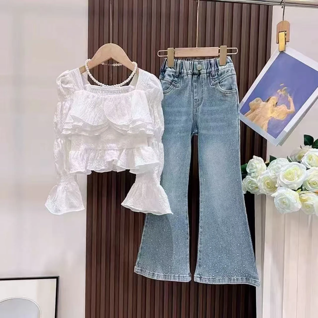 女童春秋套装2024新款中大童洋气上衣时髦牛仔喇叭裤女大童春秋装