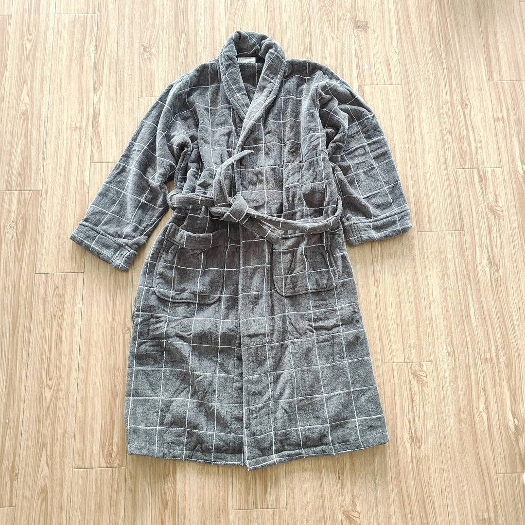 男女通用高品质纯棉灰格子长款浴袍浴衣