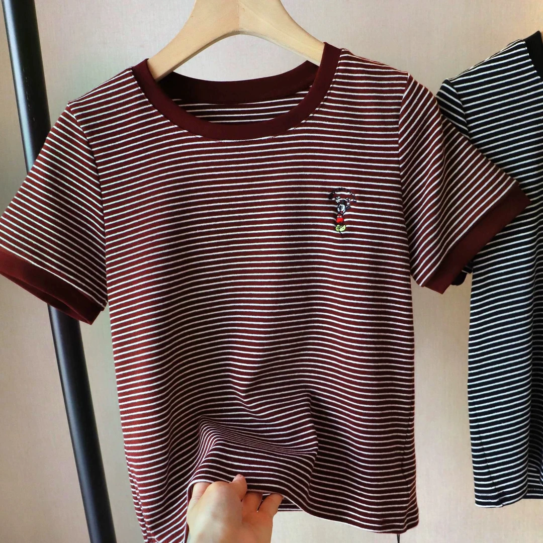 1096韩版新款条纹圆领米奇卡通上衣短袖