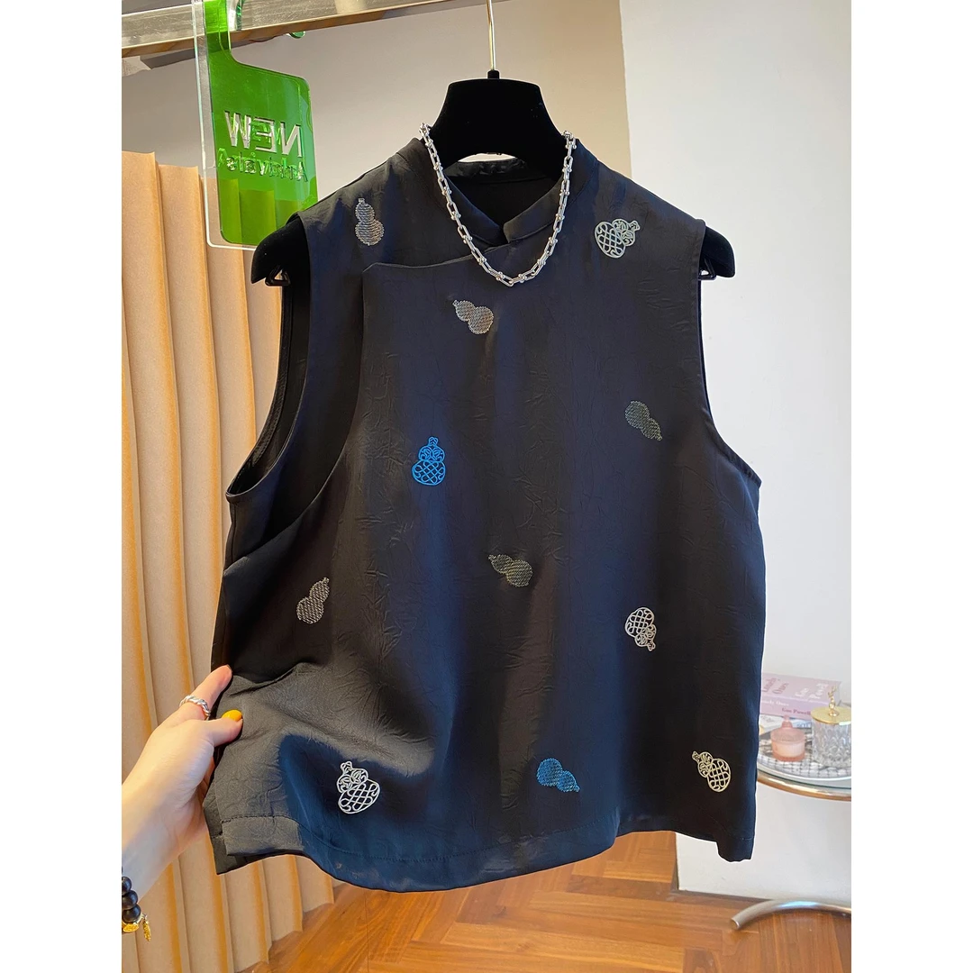 300斤加大码夏季新中式国风刺绣无袖上衣2025宽松立领男背心衬衫2