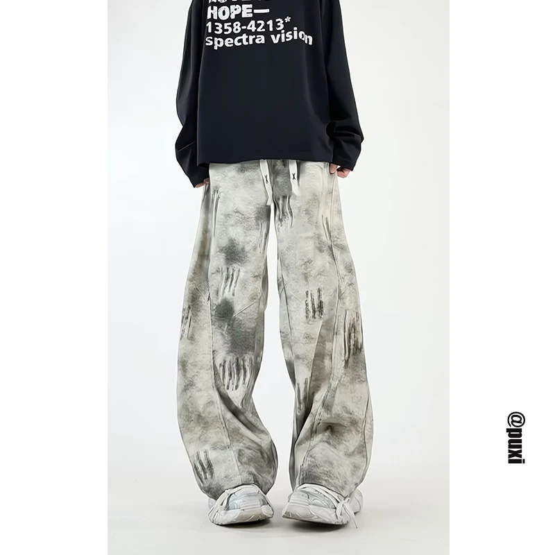 300g重磅扎染泼墨休闲裤子男女宽松潮牌垂感cleanfit直筒阔腿长裤