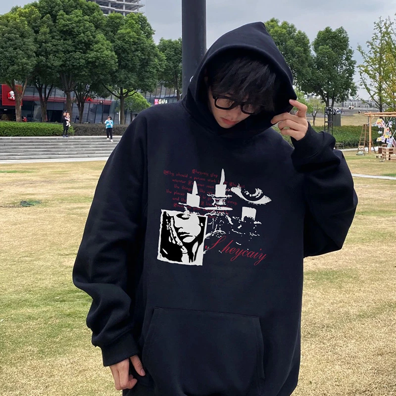美式黑色连帽卫衣男女秋冬复古印花高街情侣长袖oversize宽松上衣