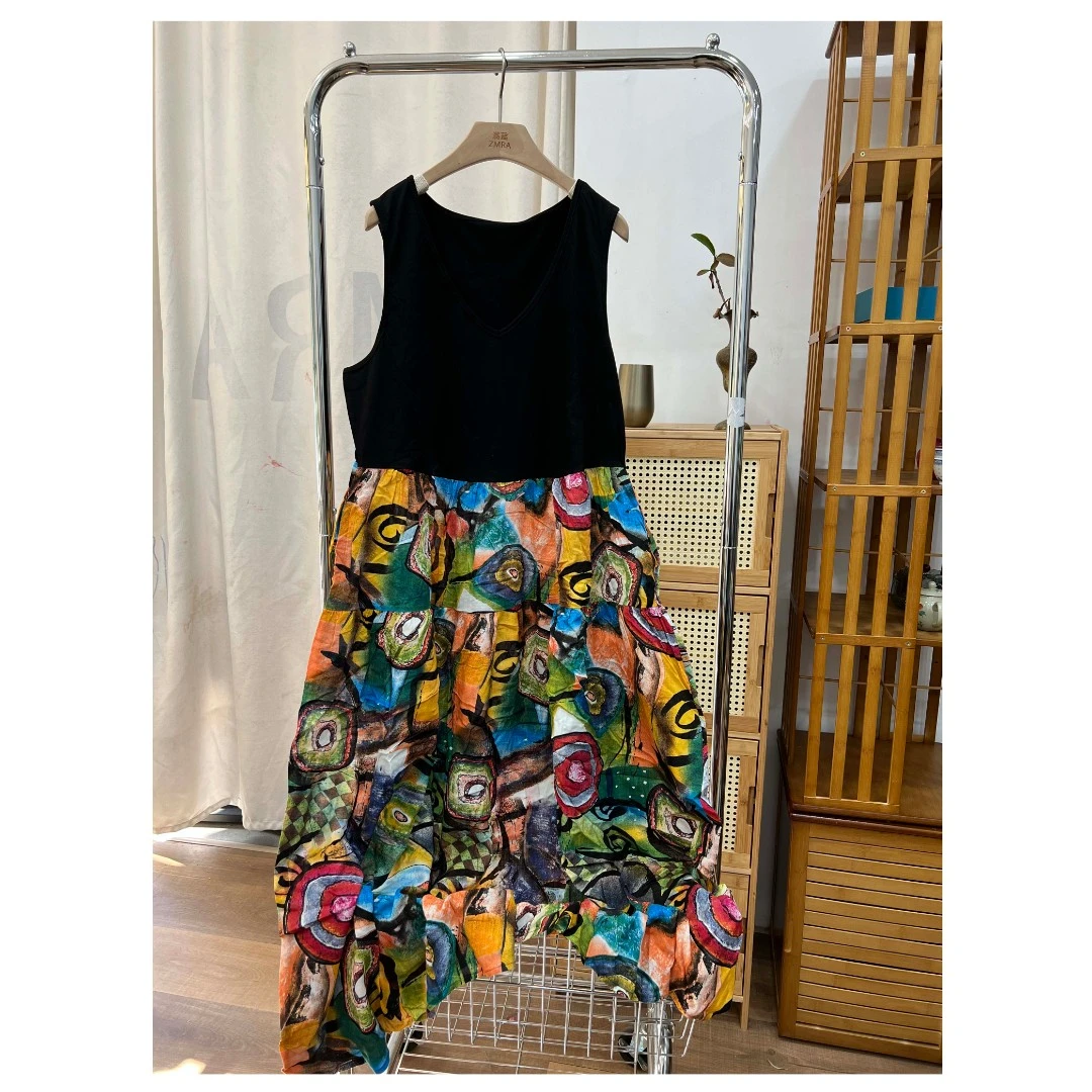 ML4966夏季新款宽松中长款花色V领女士背心裙0039