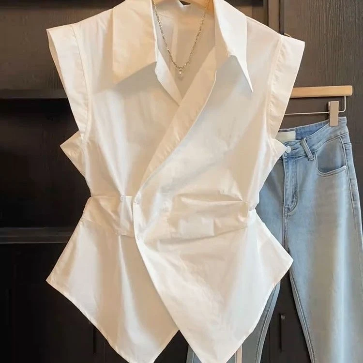 Polo领白色掐腰衬衫女2025新款夏季高级感百搭显瘦气质女士上衣服
