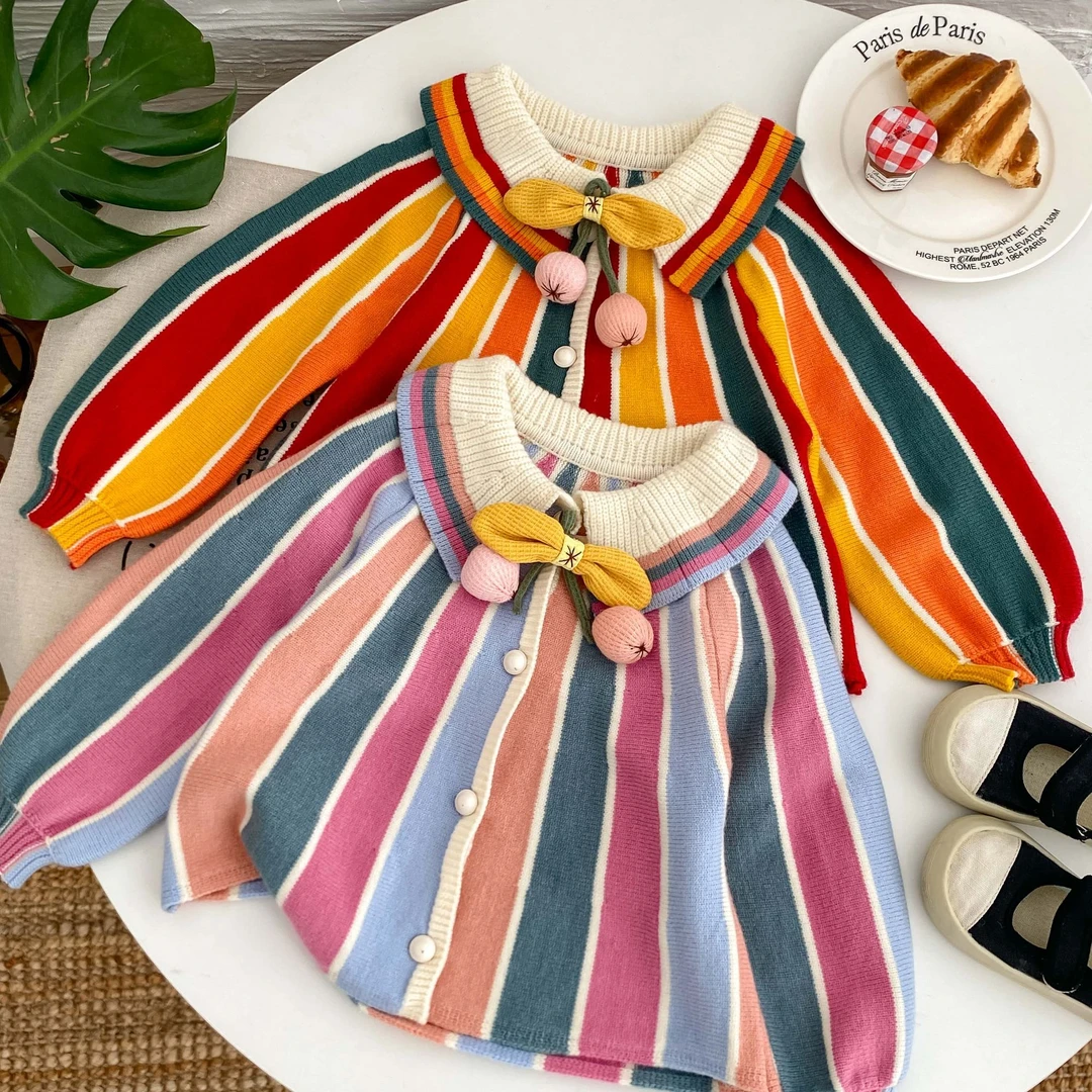 女童针织毛衣儿童秋季新款女宝宝开衫彩色条纹针织衫2025秋童装