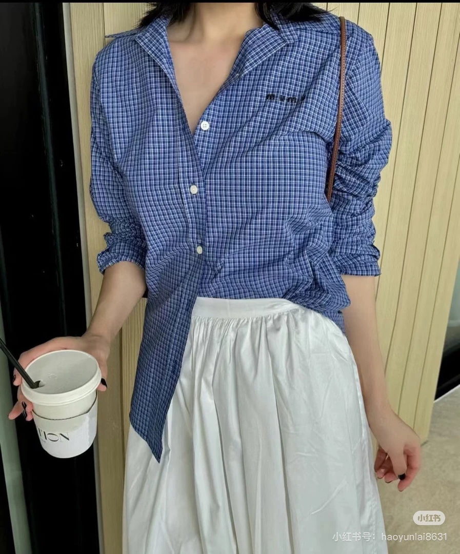 小田不辣 早春新品高定学院风蓝色格子破坏长袖衬衫 女生时尚百搭
