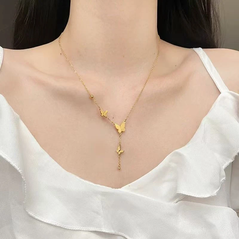 钛钢项链 蝴蝶流苏项链女轻奢高级感锁骨链毛衣链067