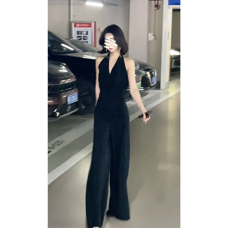 2025夏季新款法式高级修身挂脖露背V领上衣气质高腰显瘦阔腿长裤