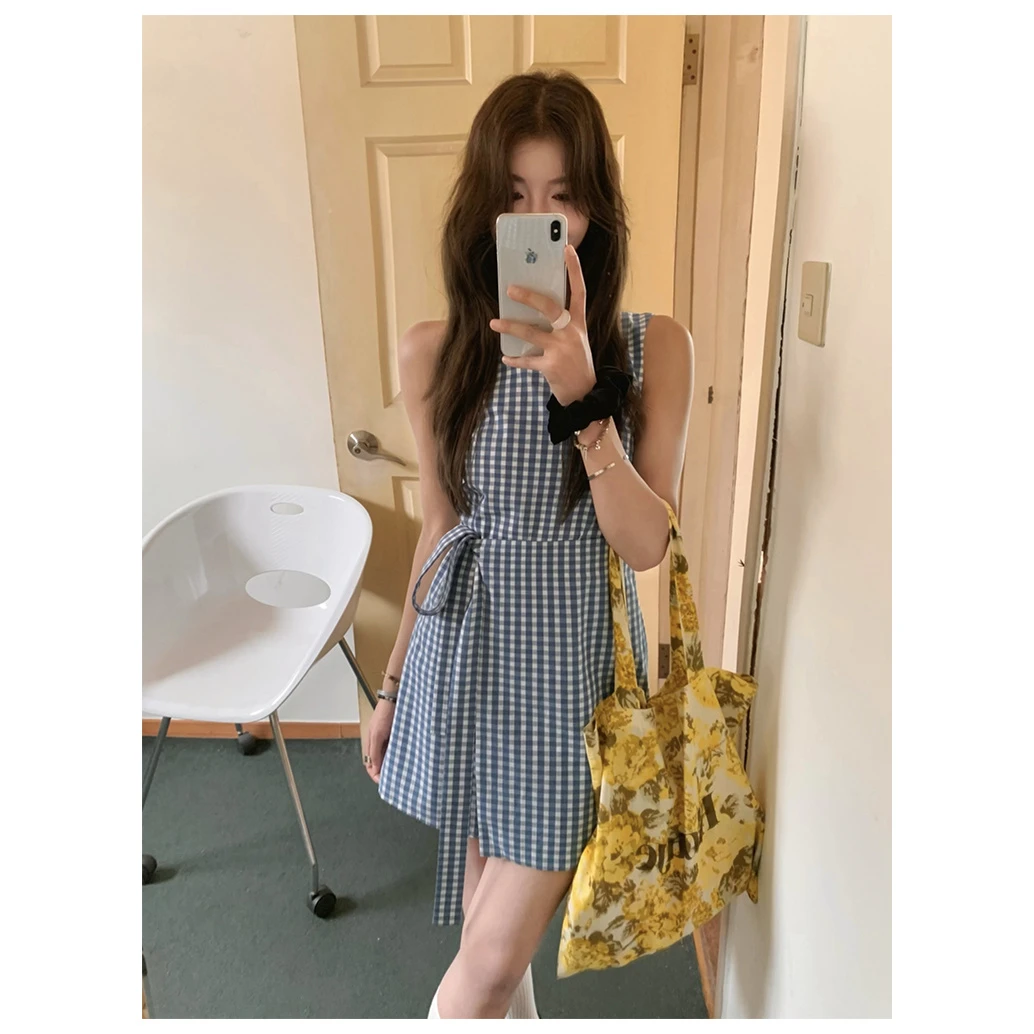 松未韵一小松纪语两色无袖圆领吊带收腰系带短裙连衣裙短款夏季女