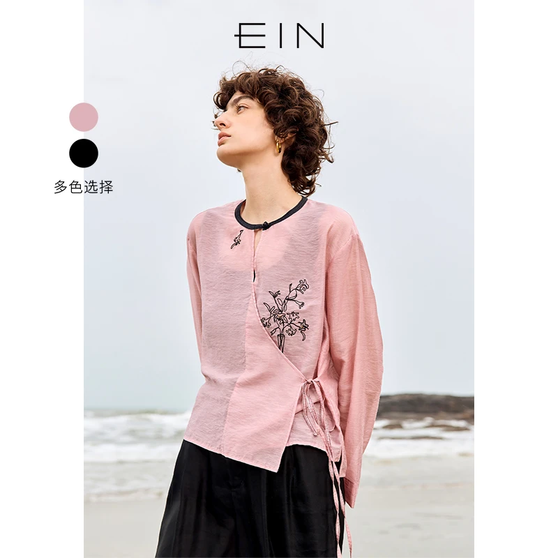 EIN/言【商场同款】空气感盘线绣花中式偏襟系带衬衫女装25早春款