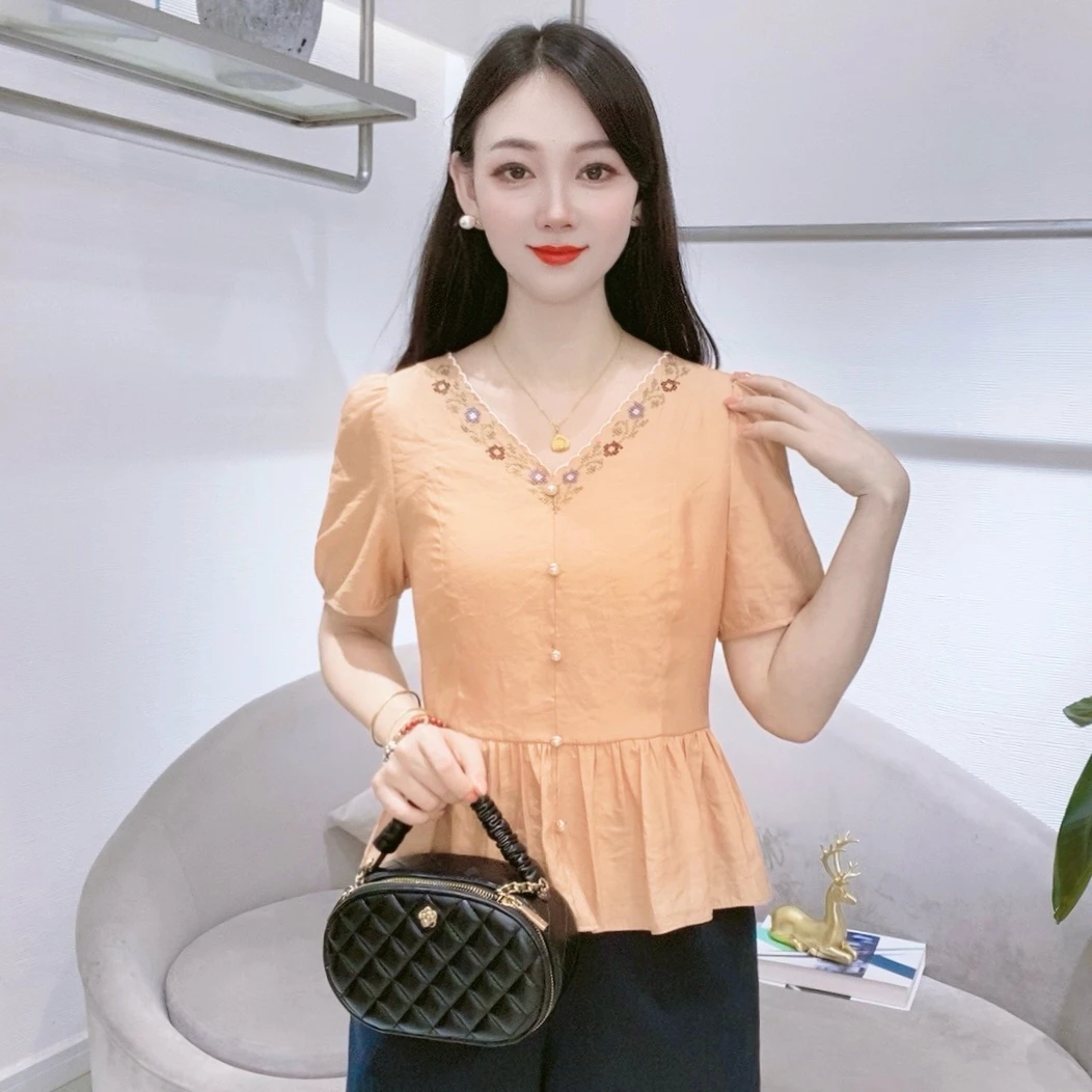 A8627夏季新款V领短袖套头衬衫百搭收腰洋气气质减龄上衣