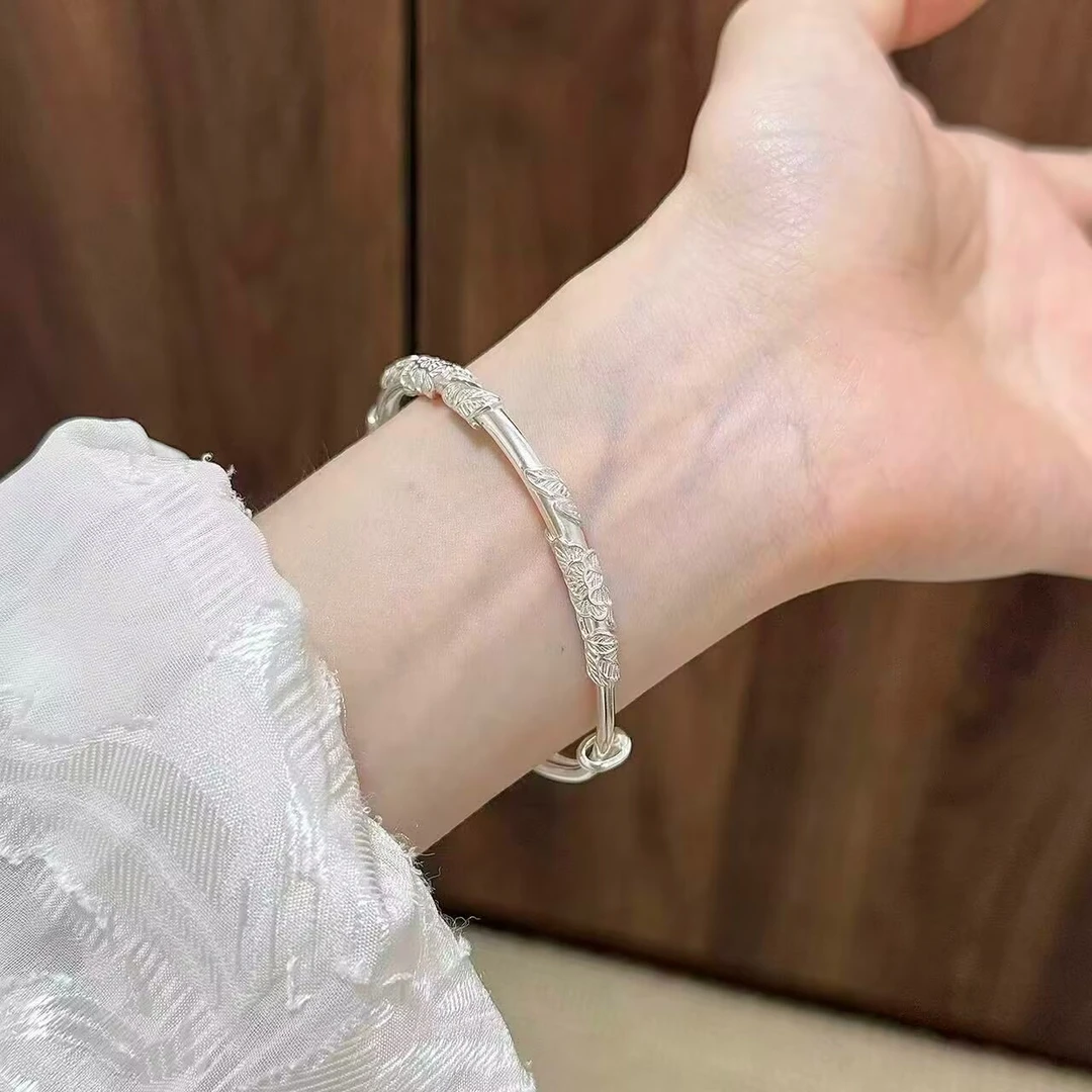 银手镯实心约21g推拉古风浮雕纹工艺牡丹绕丝手环