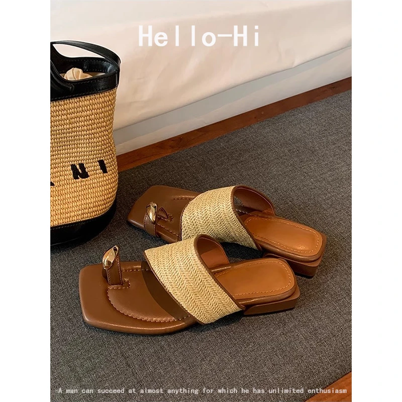 羊皮版~度假风金属夹脚气质方头草编半拖鞋女夏季外穿套趾凉拖鞋