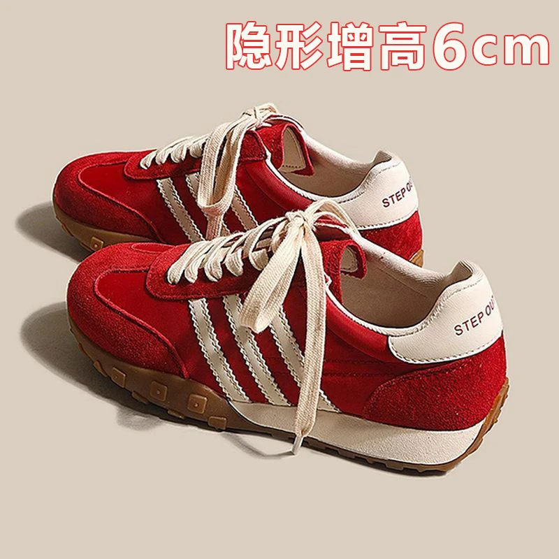复古红色德训鞋女2025春款新款韩版运动阿甘鞋百搭厚底休闲板鞋子