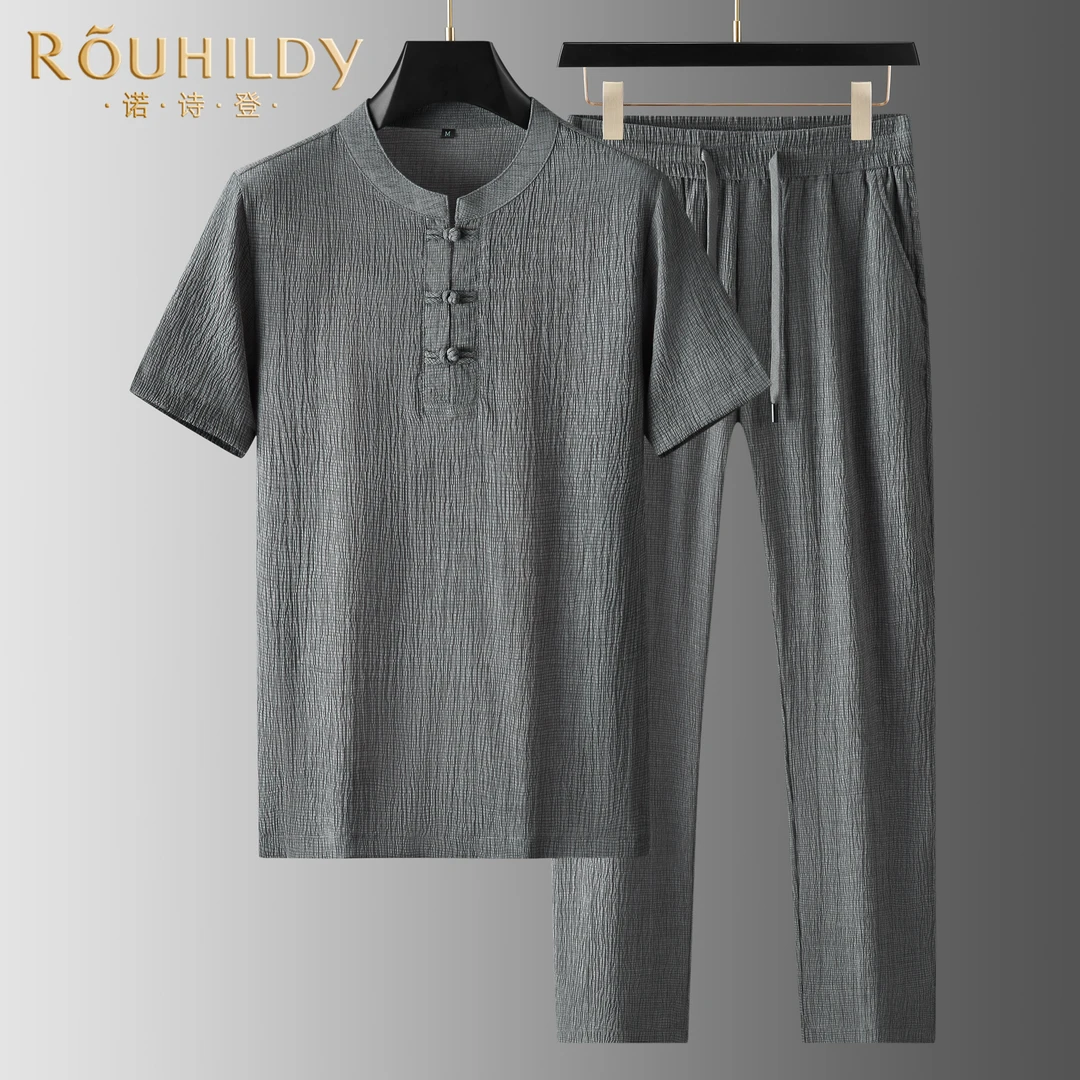 Rouhildy休闲套装男夏季薄款国风半袖长裤子男士运动短袖两件套