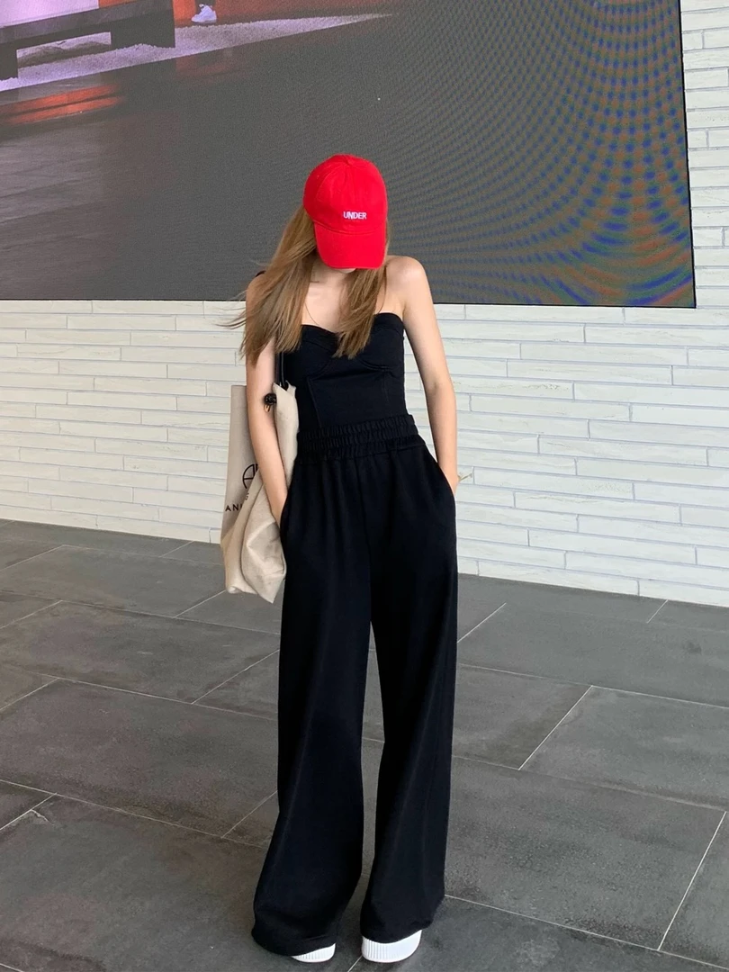 674 性感抹胸背心女外穿高腰直筒休闲裤