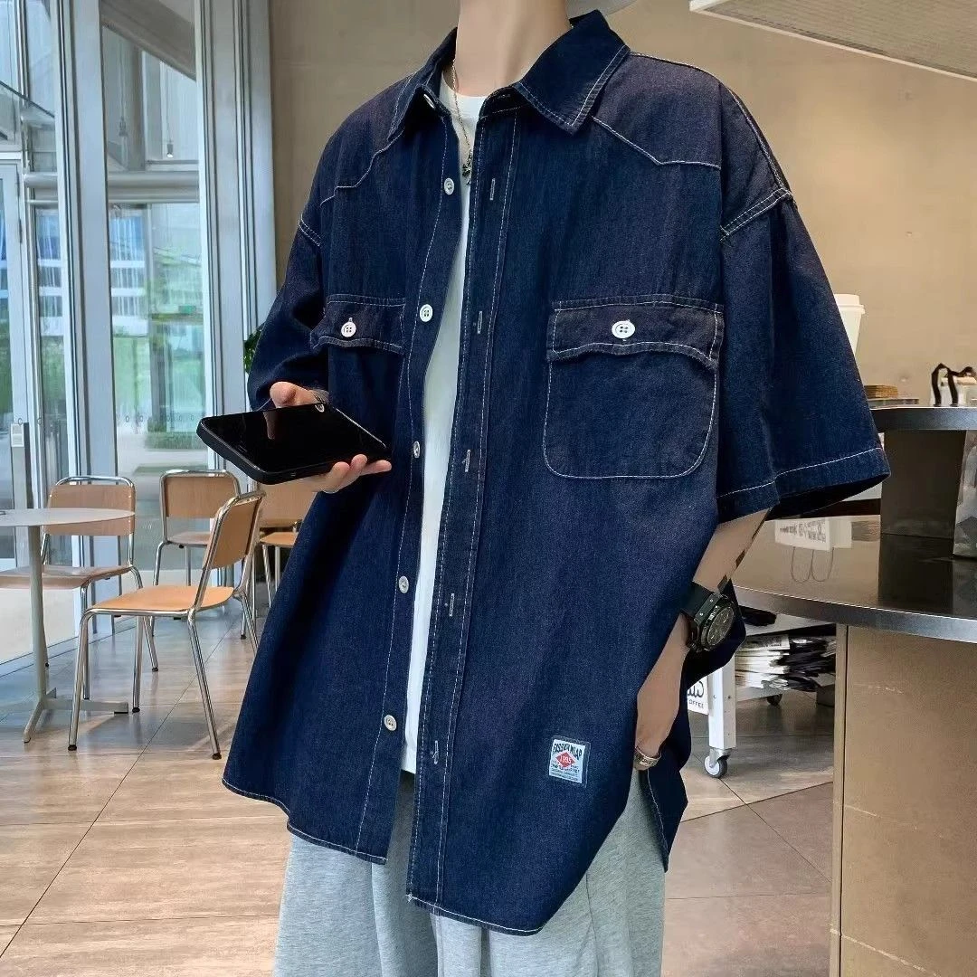 300斤特大码港风潮流复古牛仔短袖衬衫男女夏季宽松时尚百搭上衣2