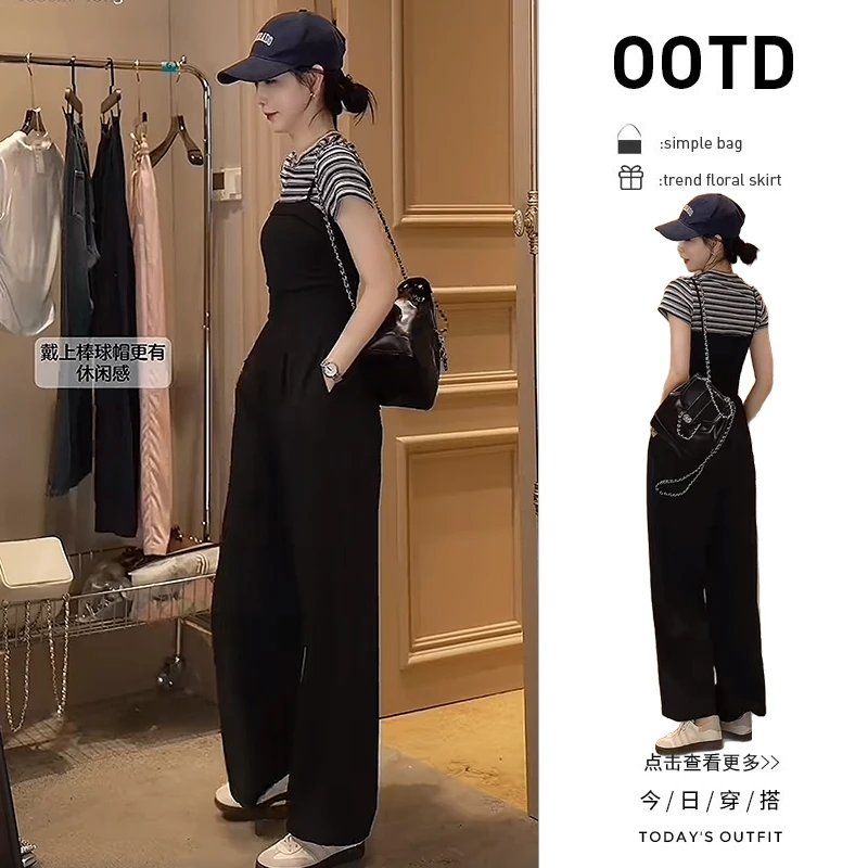 初夏穿搭一整套女装2025新款韩版条纹T恤百搭高腰连体裤两件套