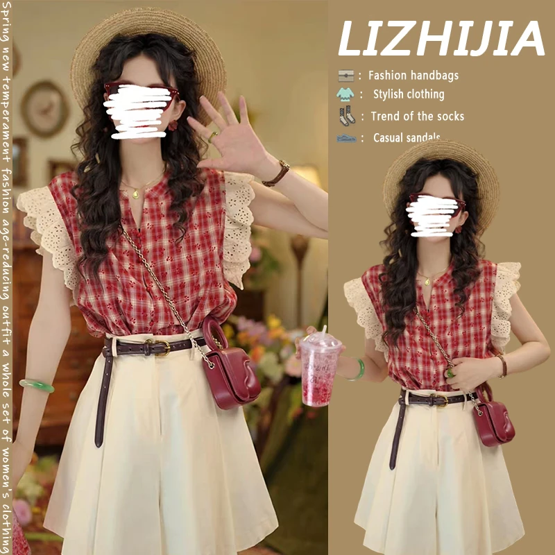 港风复古气质格纹飞飞袖短袖上衣2025夏季款休闲百搭短裤子两件套