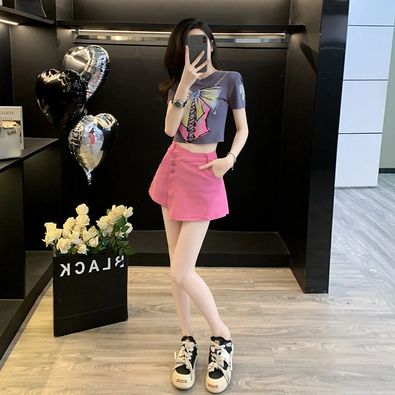 美式辣妹印花蝴蝶结短款短袖夏季2025新款休闲牛仔短裙两件套