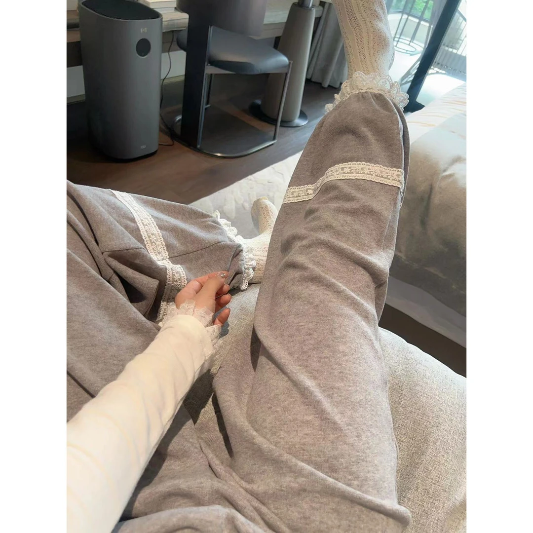 【YFONI】慵懒风~弹力花边早秋款卫裤