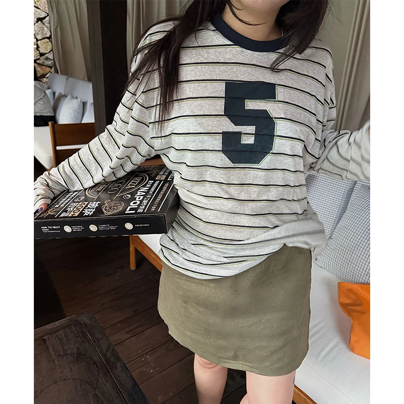 条纹防晒球衣长袖T恤女2025夏季新款圆领宽松时尚薄款透气上衣