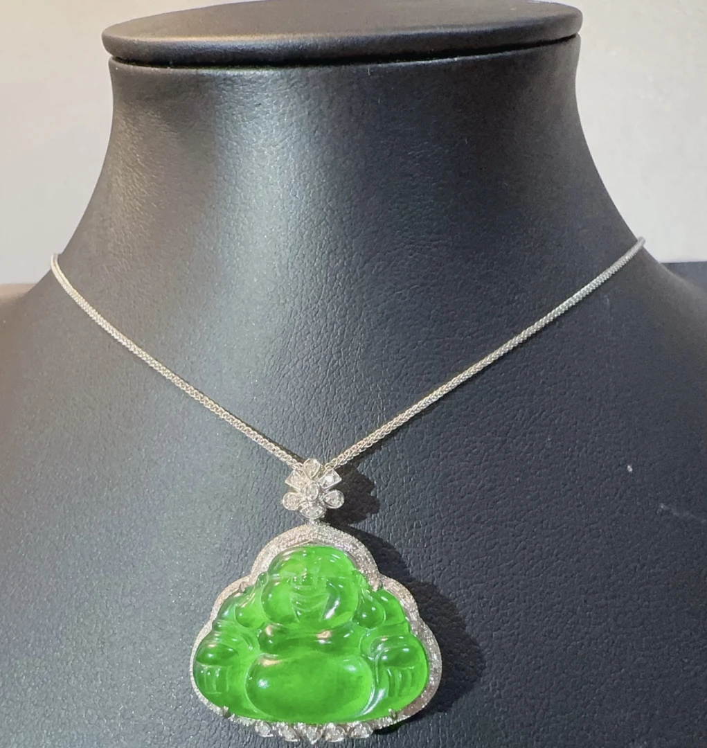 【18k金镶嵌佛公】天然A货翡翠阳绿佛公吊坠开盖豪镶YD02980