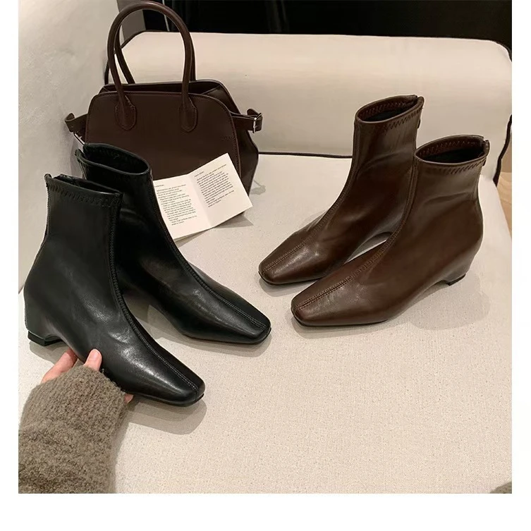 葡萄妈同款内增高6cm法式复古风圆头气质百搭后拉链短筒粗跟靴女