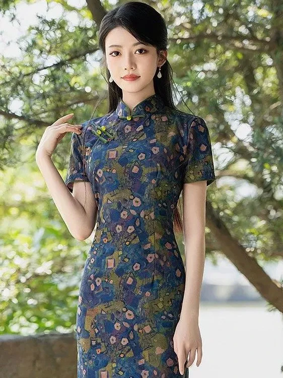 8759-MMY 碎花旗袍中长款复古优雅开衩连衣裙轻奢高级感名媛碎花