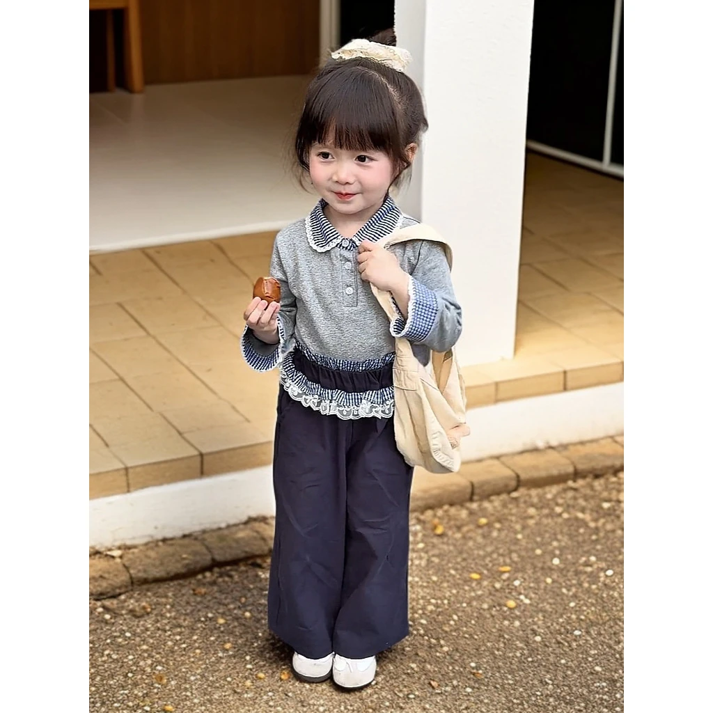 戴维贝啦韩版小童春款套装洋气牛仔宝假两件秋季POLO衫儿童蕾丝M