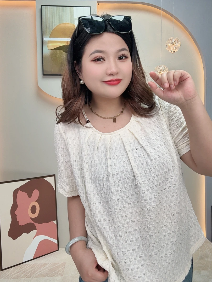胖妹妹时尚U领正肩短袖T恤不规则设计显瘦遮肚上衣X60316