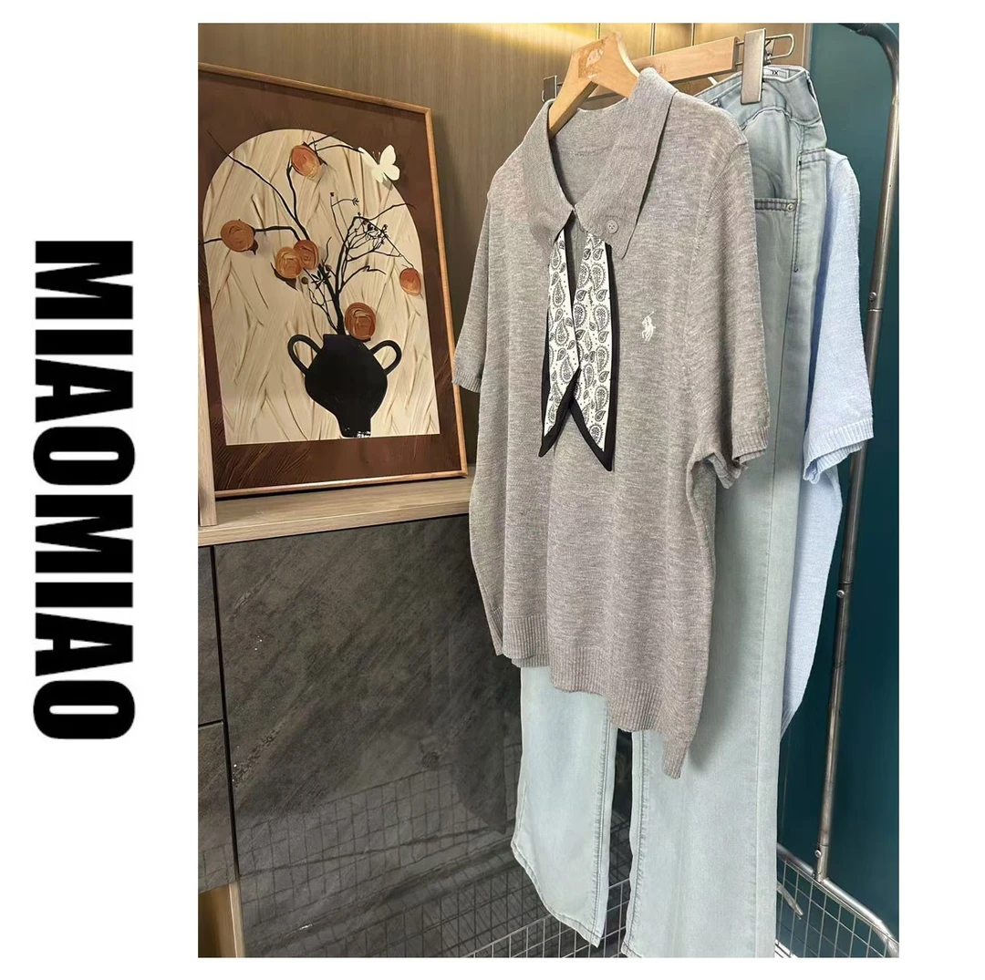 2025夏季新款韩版设计感丝巾系带POLO领百搭正肩短袖针织上衣566