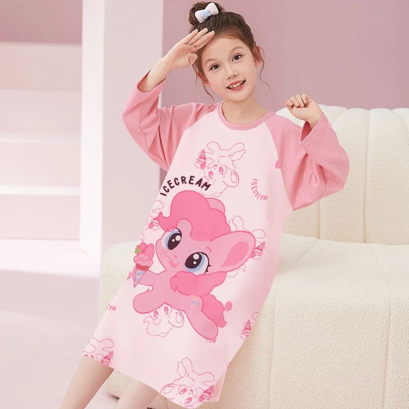 100纯棉长袖睡裙可爱卡通猫春秋季儿童中长款睡衣公主女童家居服