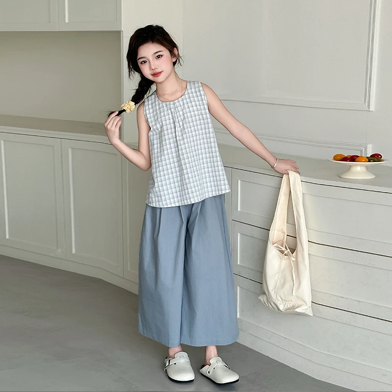 女童夏季套装2025新款儿童洋气夏装大童无袖格子背心阔腿裤两件套