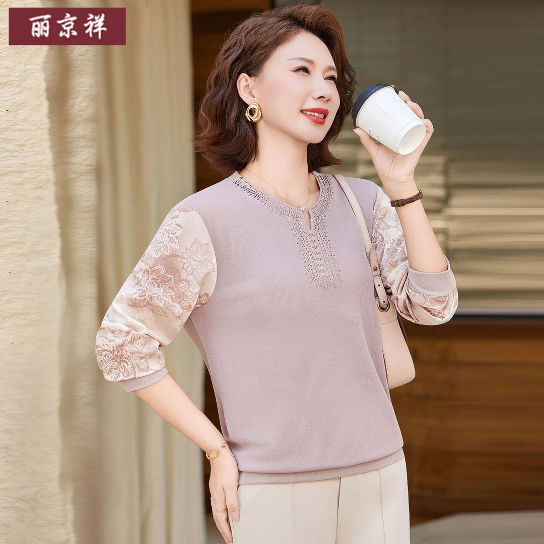 妈妈秋装上衣假两件针织打底小衫2025新款中老年春秋气质T恤