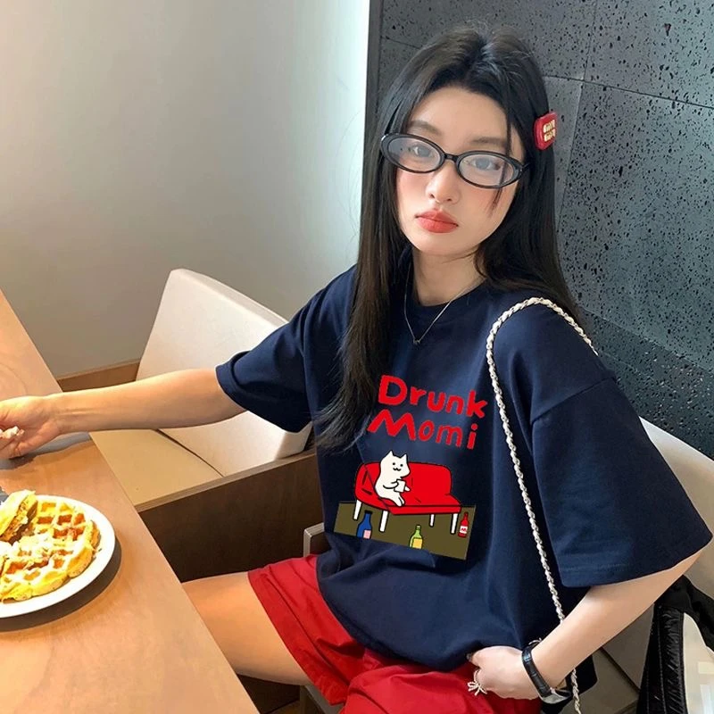 夏季新款短袖纯棉T恤女休闲宽松韩版学生半袖ins卡通设计感慵懒风